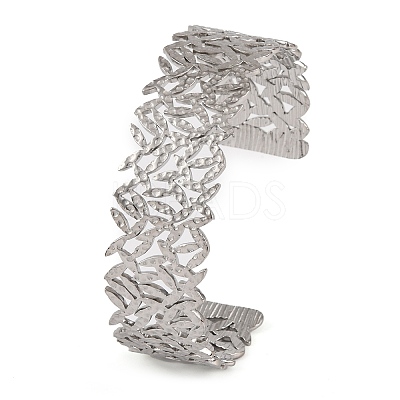 Non-Tarnish 304 Stainless Steel Hollow Leaf Open Cuff Bangles for Women BJEW-K241-03D-P-1