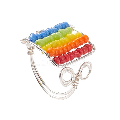 Glass Bead Braided Rectangle Open Cuff Ring RJEW-JR00489-1