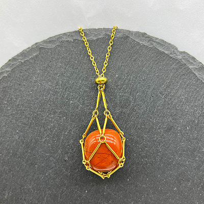 Natural Red Jasper Nuggets Macrame Pouch Pendant 201 Stainless Steel Chain Necklaces FS-WG7A779-15-1