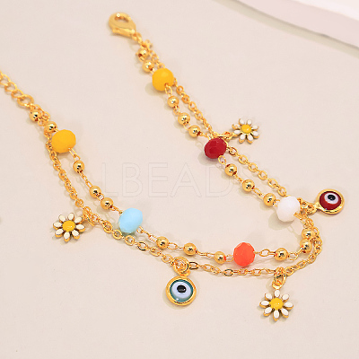 Summer Beach Brass Enamel Evile Eye Daisy Flower Tassel Double Layer Anklets for Women YM0620-1