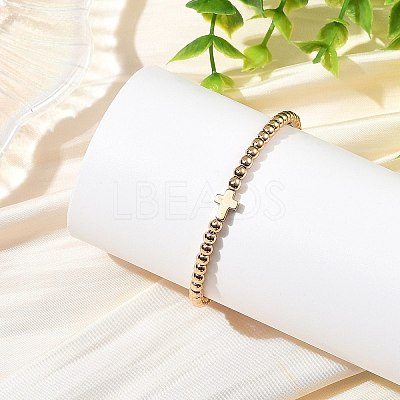 Synthetic Non-magnetic Hematite Round and Religion Cross Beaded Stretch Bracelets for Women BJEW-JB14406-01-1