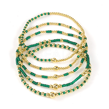 5Pcs Zinc Alloy & Glass Seed Round Beads Stretch Bracelet Set for Women AJ2042-1-1