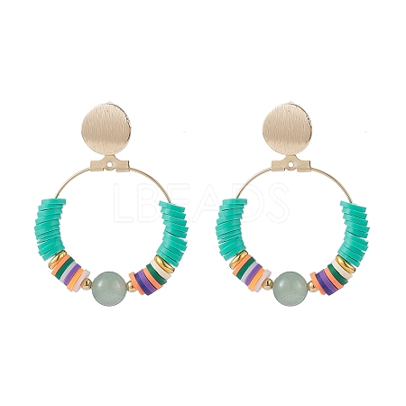 Natural Green Aventurine & Polymer Clay Beaded Big Ring Dangle Stud Earrings EJEW-TA00075-05-1