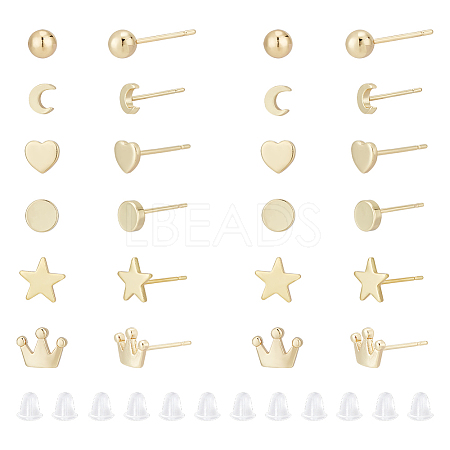 AHADERMAKER 12 Pairs 6 Style Tiny Ball & Crown & Heart & Moon & Star Brass Stud Earrings for Women KK-GA0001-50-1