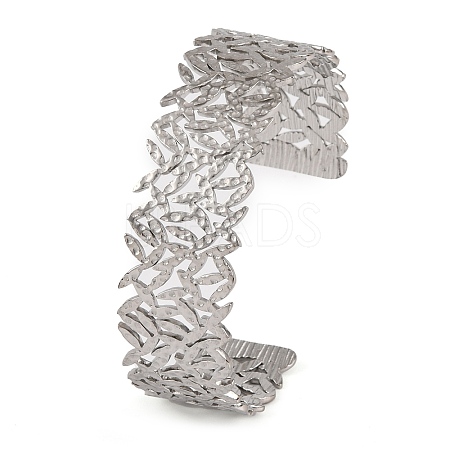 Non-Tarnish 304 Stainless Steel Hollow Leaf Open Cuff Bangles for Women BJEW-K241-03D-P-1