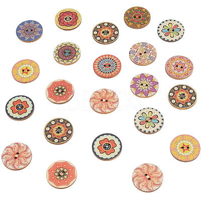 100Pcs Printed Wooden Buttons BUTT-CP0001-16-1