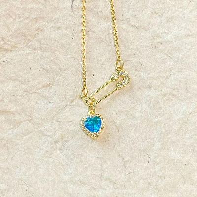 Heart Safety Pin Brass Pave Cubic Zirconia Pendant Necklaces for Women FS-WGA6C95-07-1