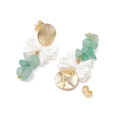 Natural Green Aventurine Chip & Bowknot ABS Imitation Pearl Dangle Earrings EJEW-JE05894-1