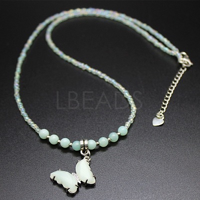 Natural Gemstone Alloy Butterfly Pendant Glass Seed Beaded Necklaces for Women TG9550-1-1