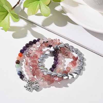 4Pcs Natural & Synthetic Gemstone Stretch Bracelet Sets BJEW-JB08946-1