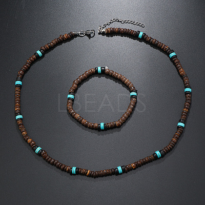 Bohemian Style Coconut Shell with Synthetic Turquoise Rondelle Beaded Necklaces & Bracelets Sets FS-WG8D889-05-1
