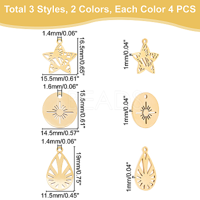 24Pcs 3 Style 201 Stainless Steel Pendants STAS-DC0006-09-1