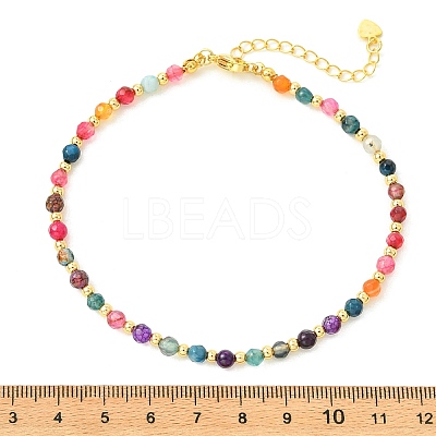 Faceted Round Natural Multi-Color Agate & Brass Beaded Anklets AJEW-AN00880-1