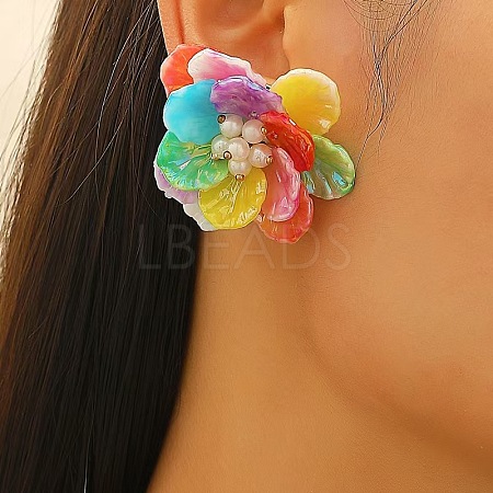 Brass Plastic Flower Stud Earrings FS-WG6C53A-09-1
