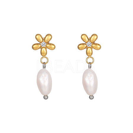 Stainless Steel Flower Earrings with Natural Pearls for Women GE0361-1-1