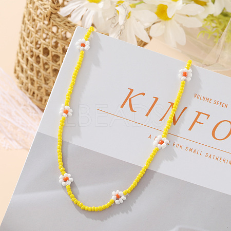 Bohemian Daisy Flower Glass Seed Beaded Necklaces with Alloy End Chains FS-WGC49A6-03-1