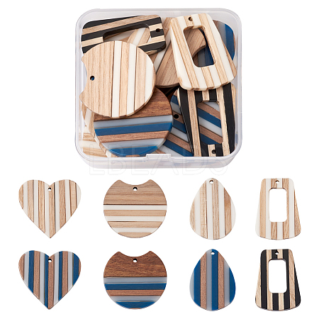 Beadthoven 16Pcs 8 Style Resin & Wood Pendants RESI-BT0001-20-1