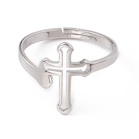 201 Stainless Steel Hollow Out Cross Adjustable Ring for Women RJEW-K238-06P-1