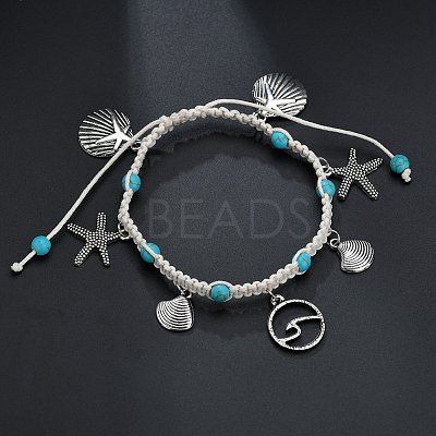 Bohemian Style Alloy Wave Shape Starfish Shell Shape Charm Synthetic Turquoise & Cotton Cord Braided Anklets FS-WG159AD-04-1
