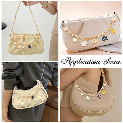 2Pcs 2 Colors Acrylic Heart & Alloy Enamel Pink and White Flower Pendant Alloy Cable Chain Bag Decorative Chains HJEW-BBC0001-35-1