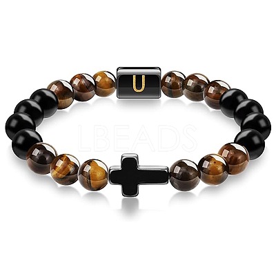 8MM Natural Tiger Eye and Matte Black Obsidian Round Beaded Stretch Bracelets SL9862-21-1