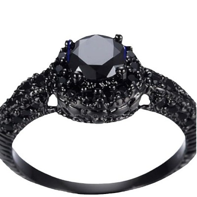 Flat Round Brass Jet Rhinestone Finger Rings FS-WG232E0-02-1