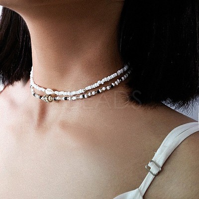 Bohemian Ethnic Style Natural Shell & Glass Seed Beaded Double Layer Choker Necklaces FS-WG063D6-01-1