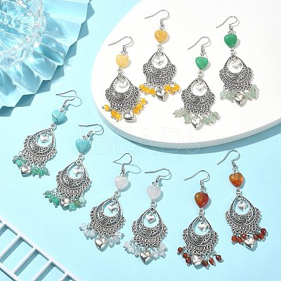 Natural & Synthetic Mixed Gemstone Heart Chandelier Earrings EJEW-JE05364-1