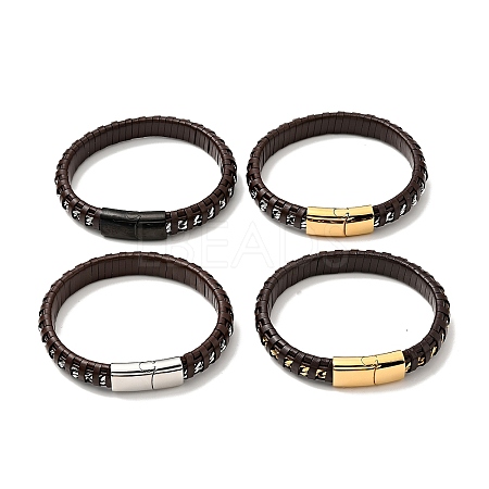 Leather & 304 Stainless Steel Rope Braided Cord Bracelet with Magnetic Clasp for Men Women BJEW-C021-14-1