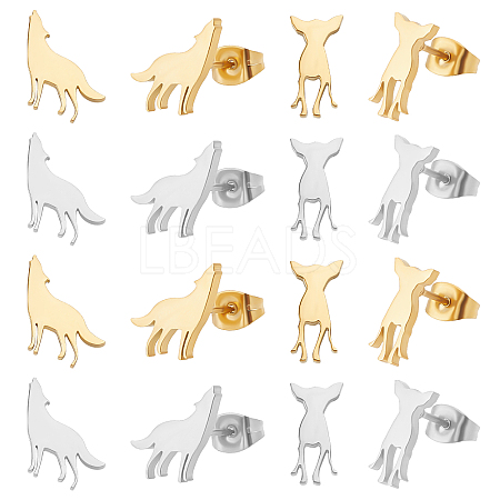 16 Pairs 4 Style Deer & Wolf 304 Stainless Steel Stud Earrings for Women EJEW-DC0001-20-1