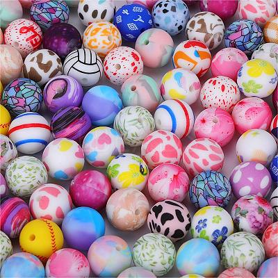 Printed Round with Ghost Pattern Silicone Focal Beads SI-JX0056A-129-1
