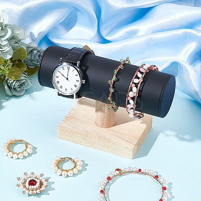 T-Shaped Bar PU Leather Bracelet Display Stands with Wooden Base AJEW-WH0471-127A-1