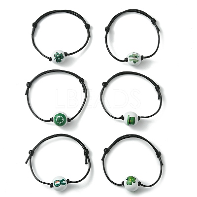 Saint Patrick's Day Wood Round Braided Beaded Bracelets BJEW-JB09595-1