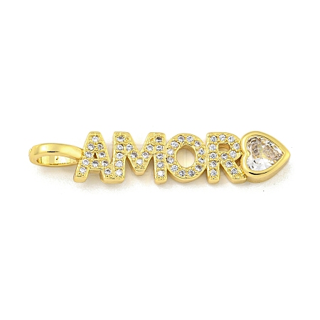 Word AMOR Rack Plating Brass Micro Pave Clear Cubic Zirconia Pendants KK-Z053-11G-01-1