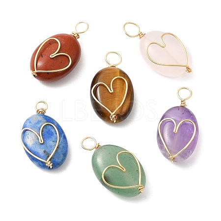 6Pcs Natural Mixed Gemstone Copper Wire Wrapped Pendants PALLOY-JF02139-1