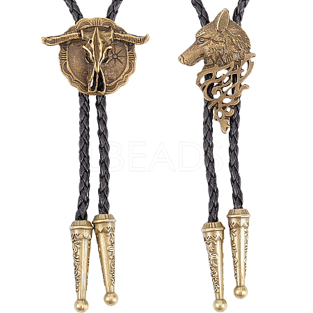 2Pcs 2 Style Wolf Head & Flat Round with Ox-head Laria Necklaces for Men Women NJEW-GF0001-05-1