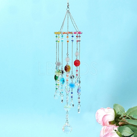 Glass & Stainless Steel Round & Teardrop & Octagonal Beads Hanging Suncatchers HJEW-JM04536-1