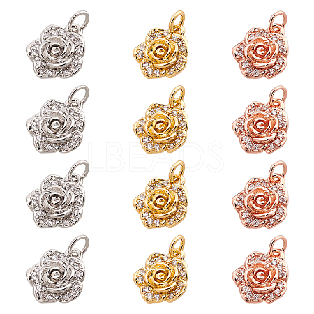  12Pcs 3 Colors Brass Micro Pave Clear Cubic Zirconia Charms ZIRC-NB0001-82-1