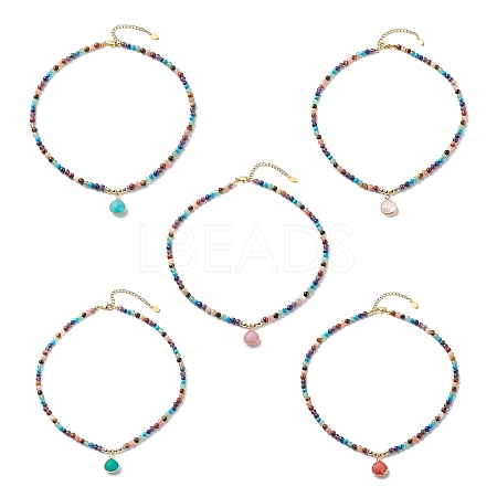 7Pcs 7 Style Natural & Synthetic Mixed Gemstone Teardrop Pendant Necklaces Set NJEW-JN04066-1