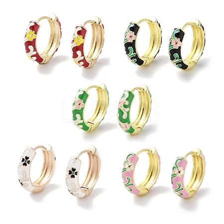 Real 18K Gold Plated Brass Enamel Flower Print Hoop Earrings for Women EJEW-L269-118G-1