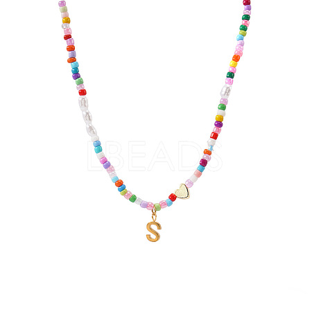 Colorful Beaded Heart Letter Necklace with Pearl Elements Stainless Steel Pendant Jewelry TR2146-19-1