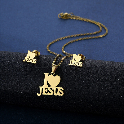 Word I Love Jesus 304 Stainless Steel Pendant Necklaces & Stud Earrings Sets FS-WGBBC94-01-1