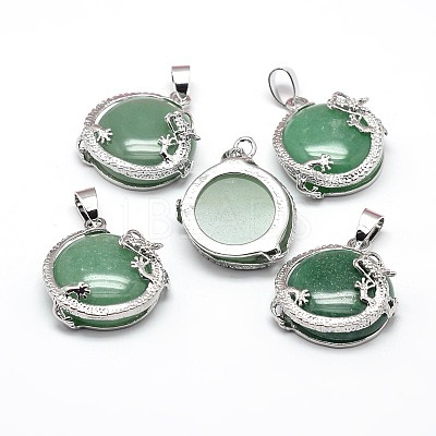 Flat Round with Dragon Platinum Plated Brass Natural Green Aventurine Pendants G-F228-24C-RS-1