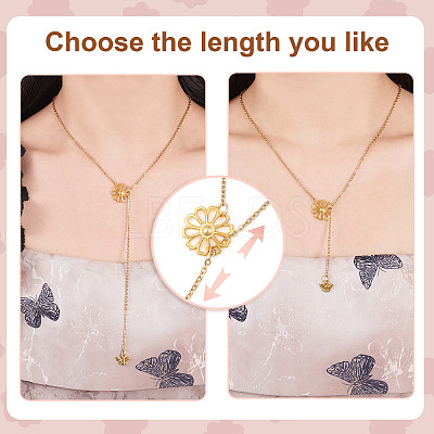 Adjustable 304 Stainless Steel Cable Chain Necklaces Flower & Bees Alloy Charm Lariat Necklaces for Women NJEW-TAC0017-02-1