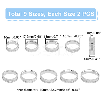 18Pcs 9 Size 201 Stainless Steel Grooved Finger Ring for Men Women STAS-UN0045-60B-P-1
