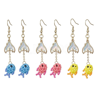 3 Pairs Seed Glass Beads Fish with Fishtail Dangle Earrings EJEW-MZ00599-1