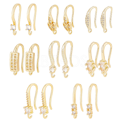 8 Pairs 8 Styles Brass Micro Pave Clear Cubic Zirconia Earring Hooks ZIRC-BC0001-25-1