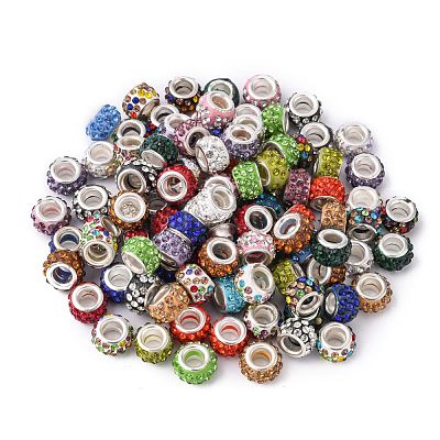 Polymer Clay Rhinestone European Large Hole Beads with Silver Color Plated Brass Cores FPDL-R002-M-1