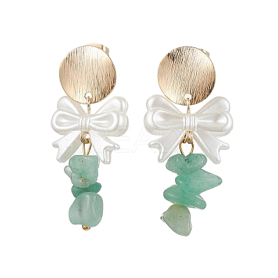 Natural Green Aventurine Chip & Bowknot ABS Imitation Pearl Dangle Earrings EJEW-JE05894-1