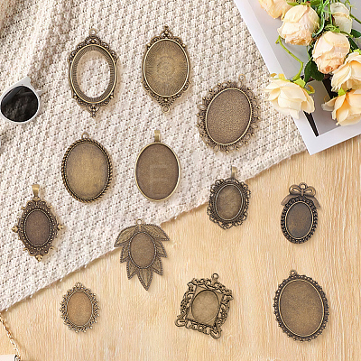 12Pcs 12 Styles Tibetan Style Zinc Alloy Pendant Cabochon Settings TIBEP-SC0003-48-1